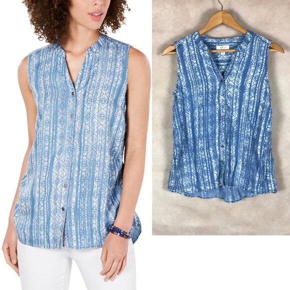 Style & Co. Blue Printed Sleeveless Button-down Shirt NWT Petite SMALL - Picture 1 of 9